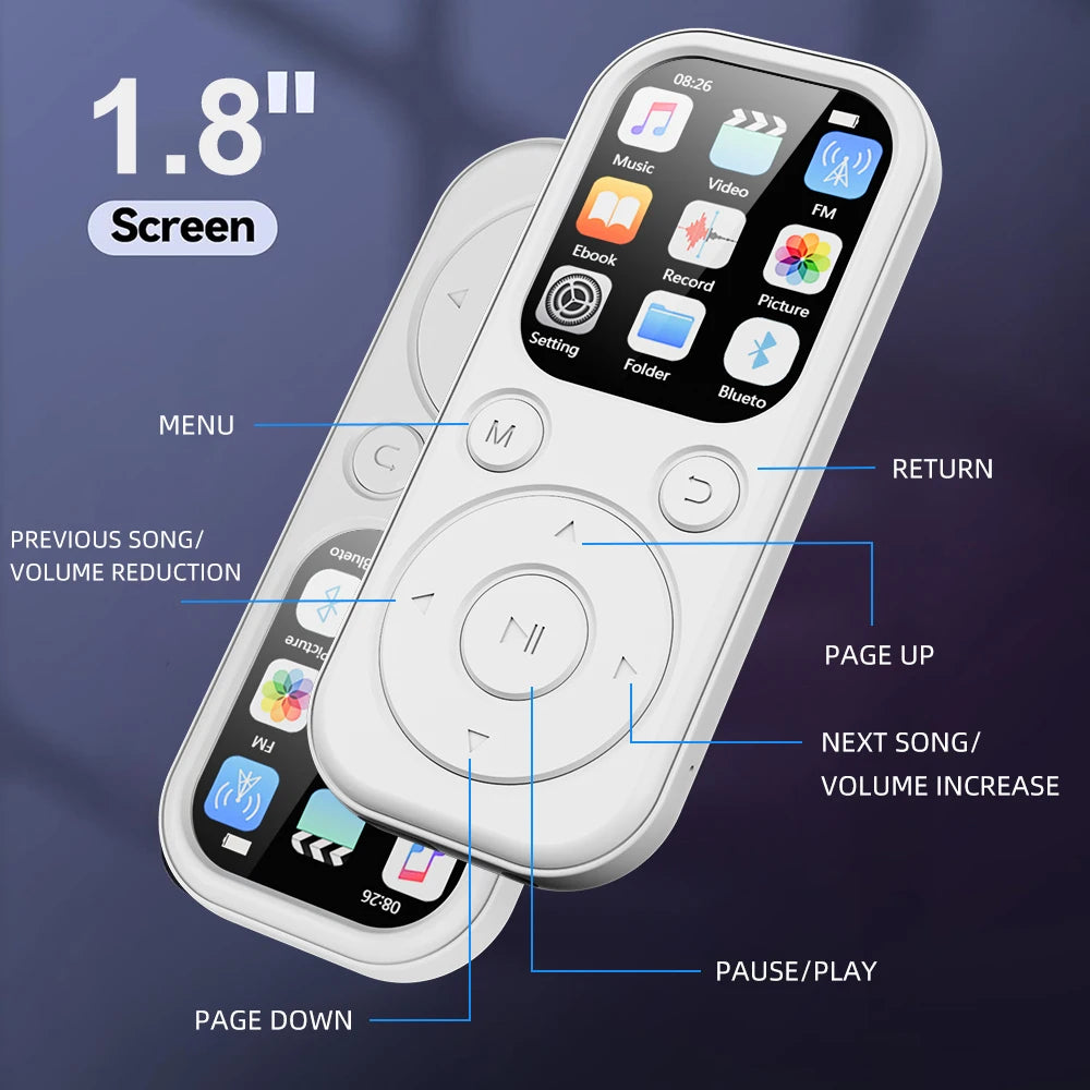 Lecteur MP3 Slim 1,8" Bluetooth 5.4 – Walkman Portable, Radio FM, Enregistreur, Lecture E-Book – CLEVI Paris
