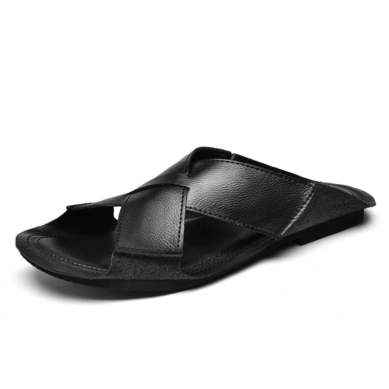 Sandales Homme Été – Cuir Fendu Plissé, Open-Toe, Slides Plage & Outdoor | Marron ou Noir