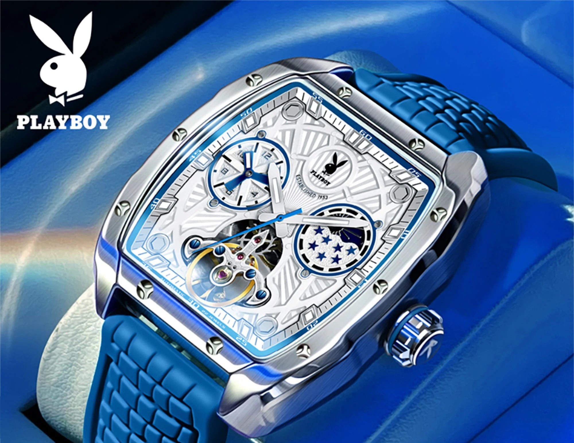 PLAYBOY Montre Automatique Homme Tonneau Flywheel Phase de Lune Lumineux – CLEVI Paris