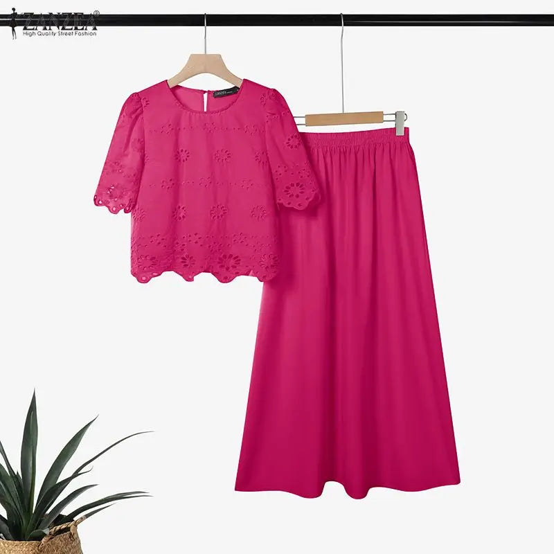 Ensemble 2 Pièces Femme Top Brodé Ajouré Manches Courtes Jupe Longue A-Line Style Bohème Été – CLEVI Paris