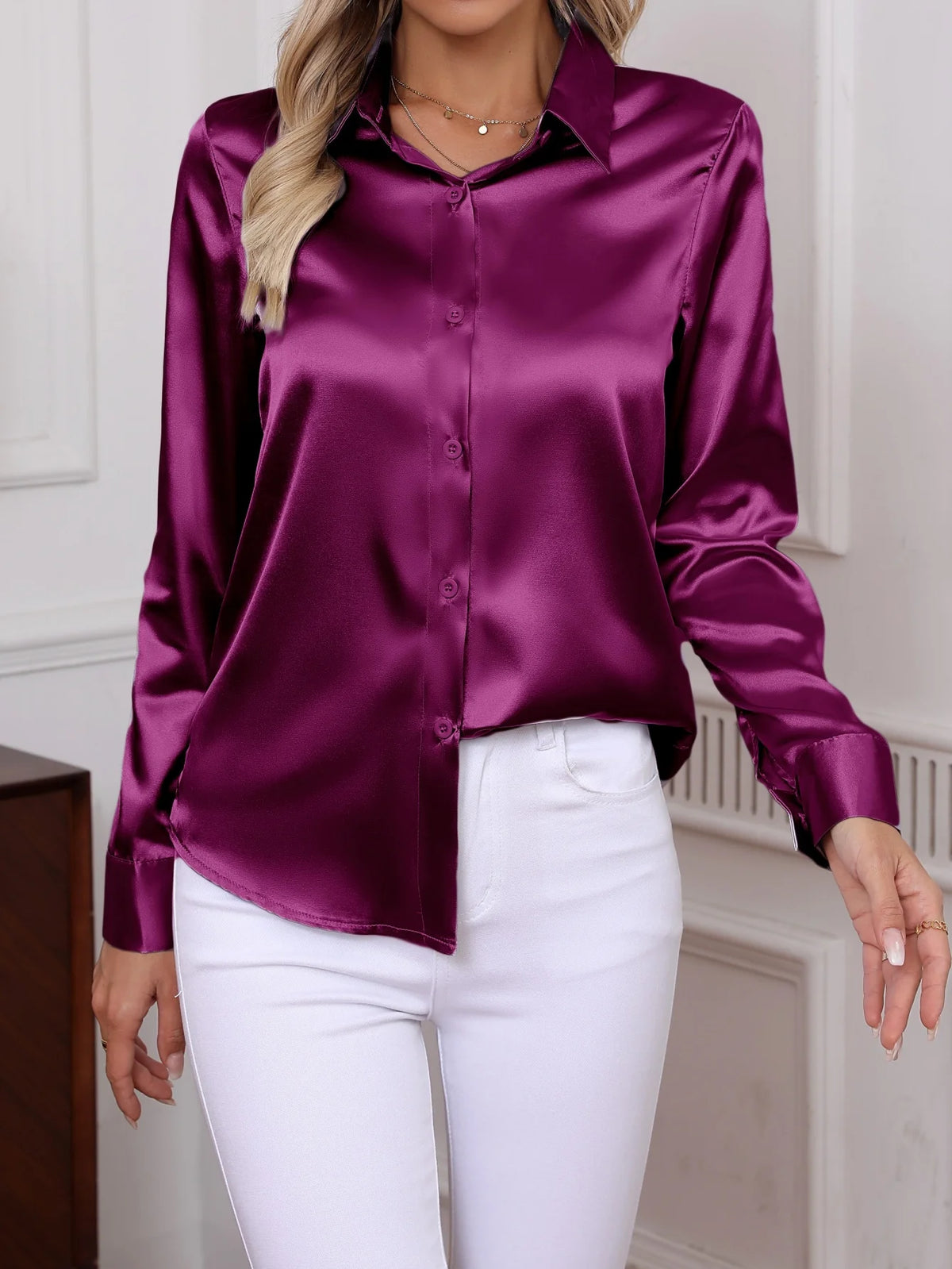 Chemise Satinée Femme Manches Longues Col Rabattu – CLEVI Paris