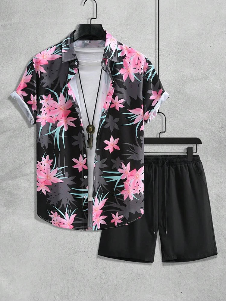 Ensemble Homme Chemise Manches Courtes Col V Imprimé 3D + Short de Plage Casual Streetwear Été – CLEVI Paris