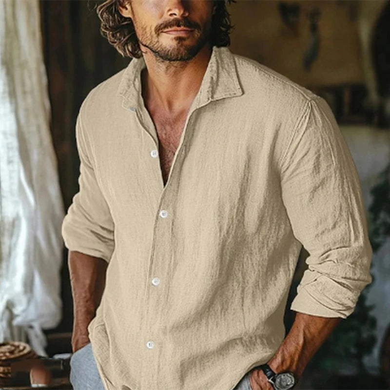 Chemise Lin Homme – Casual Manches Longues, Col Reversé, Coupe Ample
