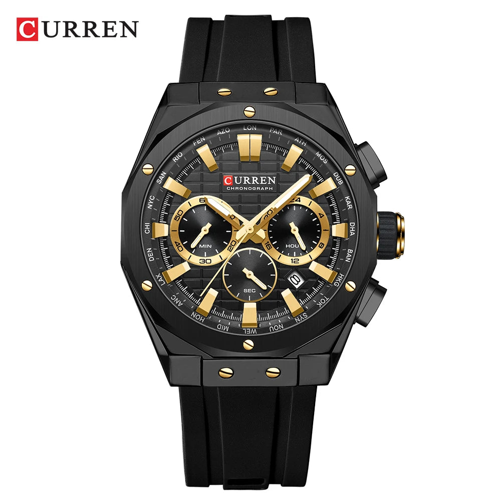 Montre Quartz Homme CURREN 8464 – Chronographe Lumineux, Silicone & Écrin | 10 Coloris