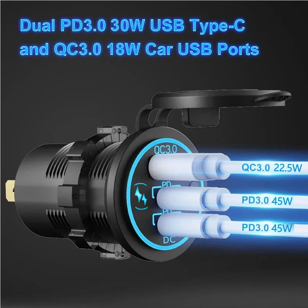 Prise Chargeur USB Voiture 78W PD3.0 QC3.0 Double Port USB-C Étanche LED 12V/24V – CLEVI Paris