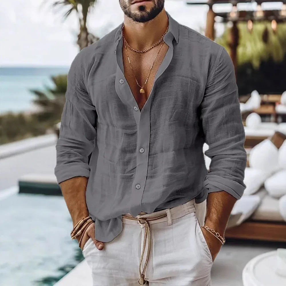 Chemise Homme Coton Lin Manches Longues Col Rabattu Style Casual Plage Respirante – CLEVI Paris