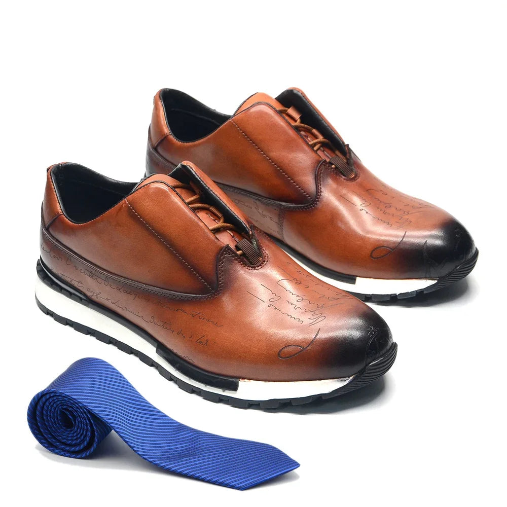 Oxford Sneaker Homme Cuir Véritable Motif Totem Peint Main | Doublure Agneau 3 Coloris