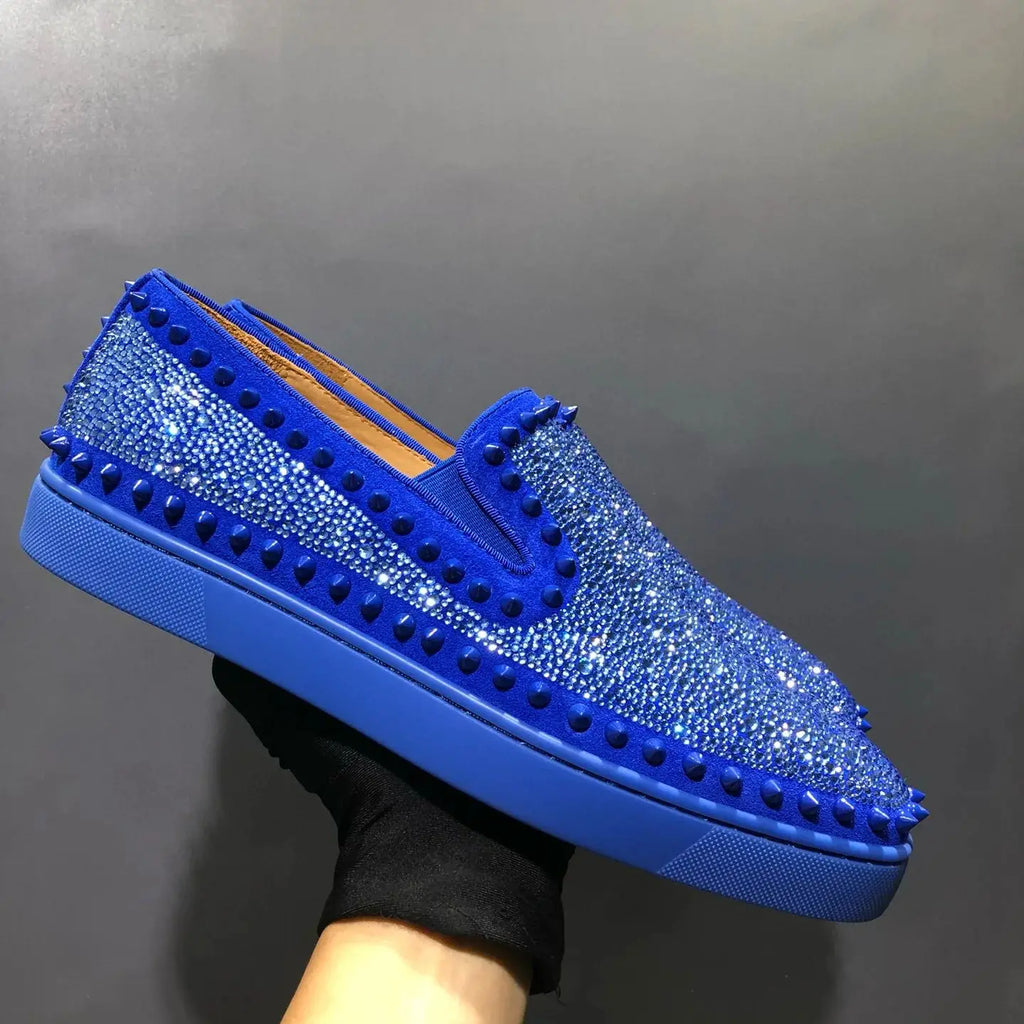 Sneakers Basses Cuir Véritable Bleu Rivets Diamants Semelle Rouge Homme – Tailles 35-48 – CLEVI Paris