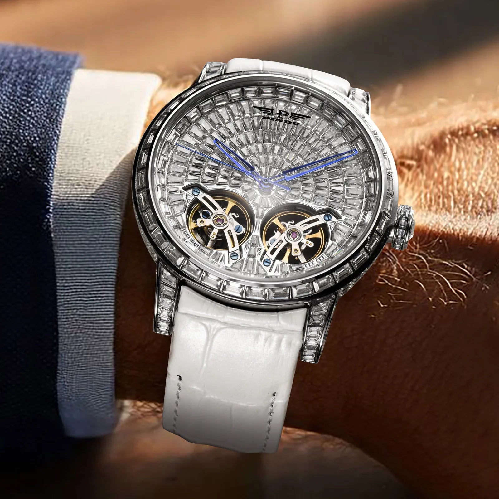 Montre Homme Automatique Double Volant Tourbillon Serti Diamants Saphir Cuir Pindu PD6656 – CLEVI Paris