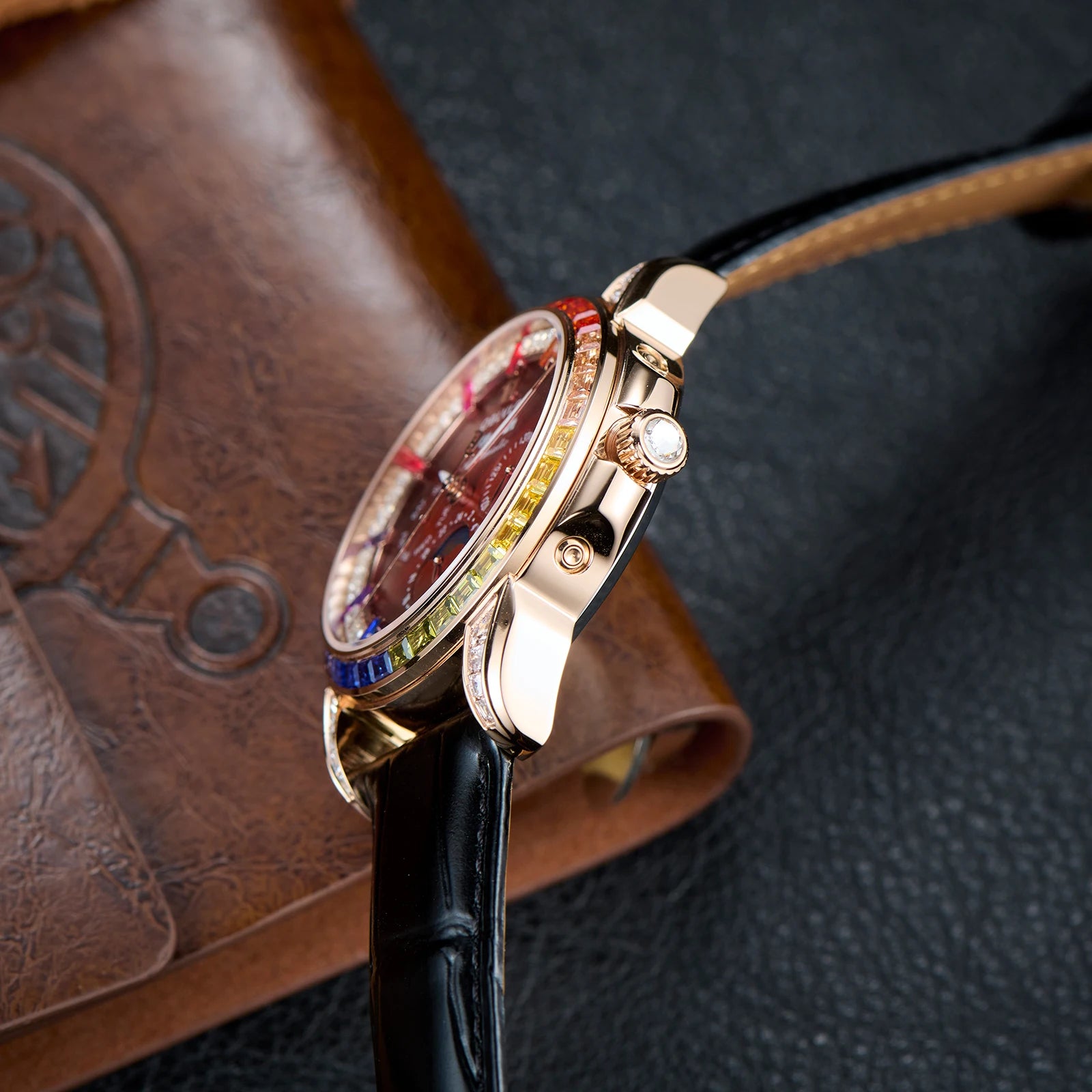 Montre Automatique Phase de Lune | Zircon Multicolore Bracelet Cuir – CLEVI Paris