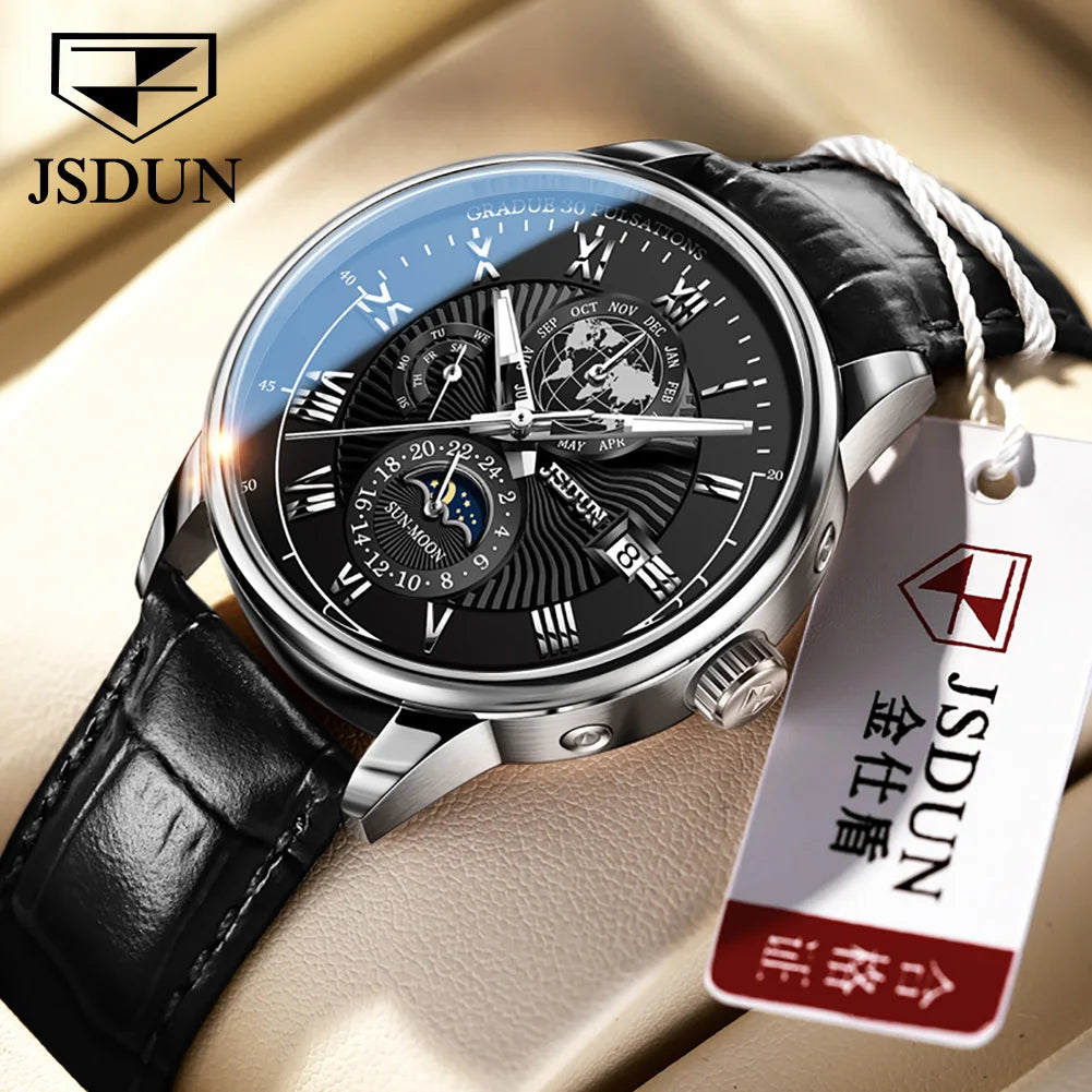Montre JSDUN 8909 – Automatique, Phase de Lune, Calendrier, Chiffres Romains, Bracelet Cuir, Étanche 5 ATM – CLEVI Paris