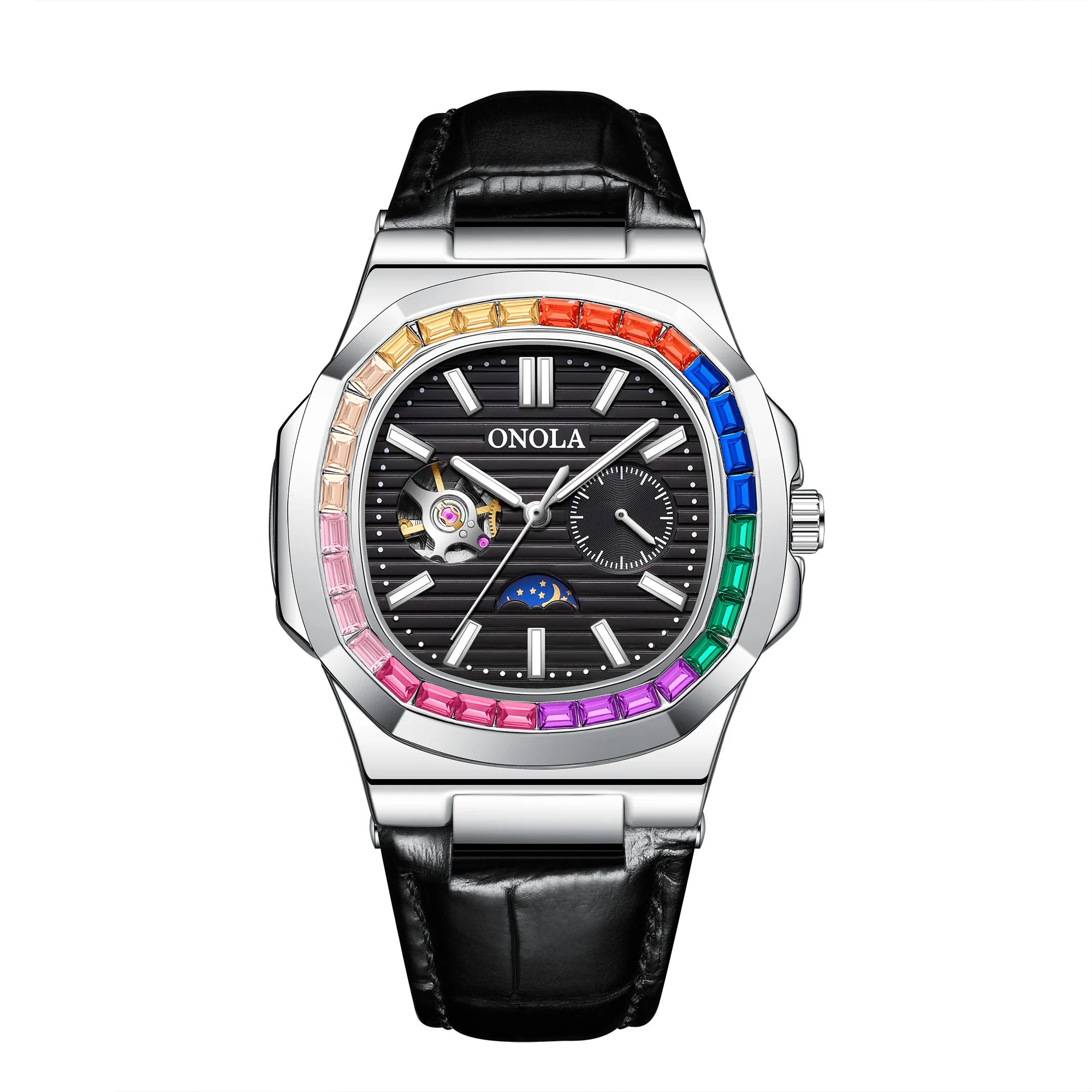 Montre ONOLA ON3855CH – Mécanique Automatique Squelette, Diamants, Bracelet Cuir, Étanche 3 ATM – CLEVI Paris