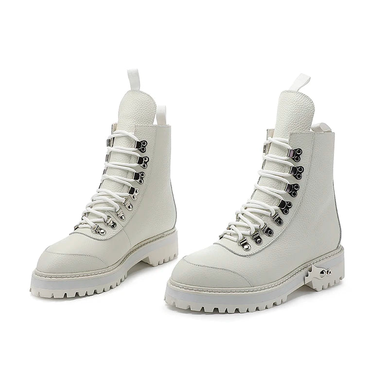 Bottines Femme Cuir Véritable & Laine Vraie – Semelle Épaisse, Lacets, Style Moto | Hiver