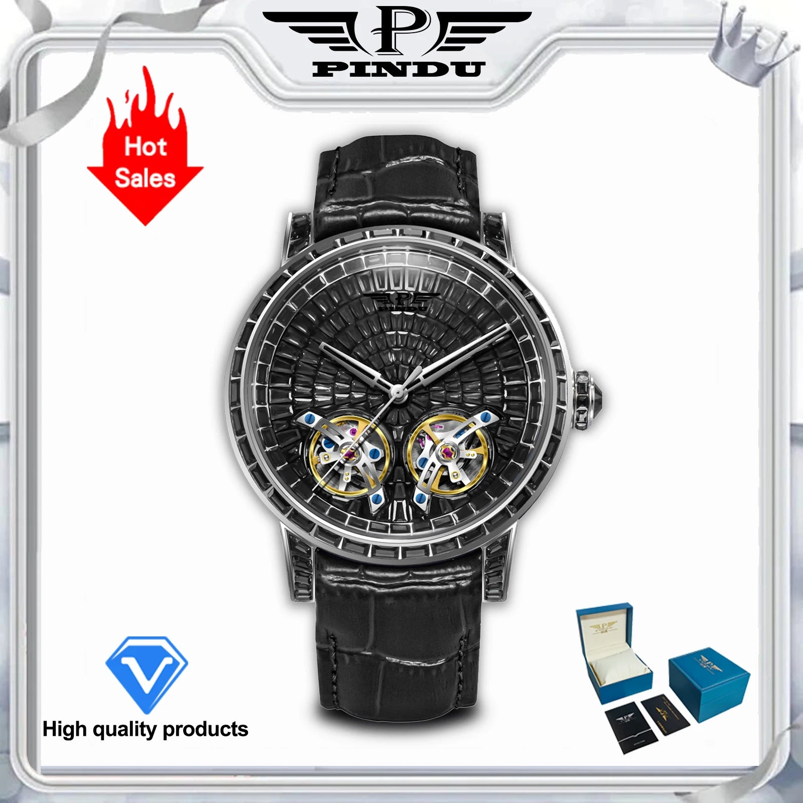Montre Homme Automatique Double Volant Tourbillon Serti Diamants Saphir Cuir Pindu PD6656 – CLEVI Paris