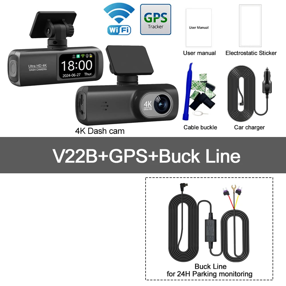 Dashcam 4K WiFi V22B – Double Objectif, GPS, Caméra Arrière 1080p, Surveillance Parking 24h – CLEVI Paris