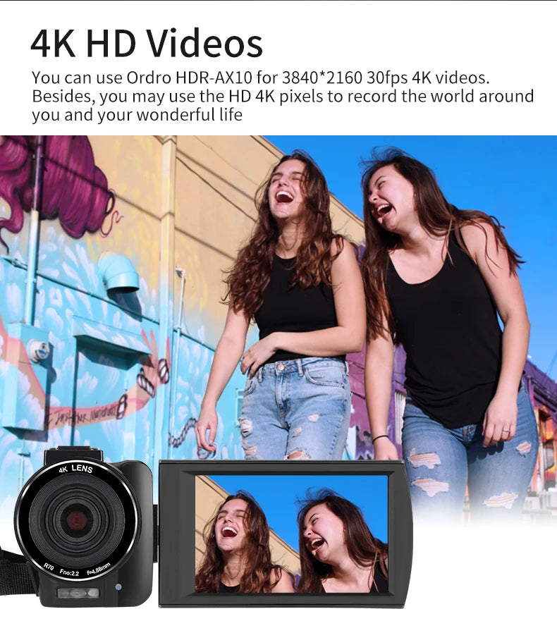 Caméscope Ordro AX10 4K 30MP – Zoom 30x, Vision Nocturne IR, WiFi, Écran Tactile 3,5", Vlogging YouTube, Kit Complet – CLEVI Paris
