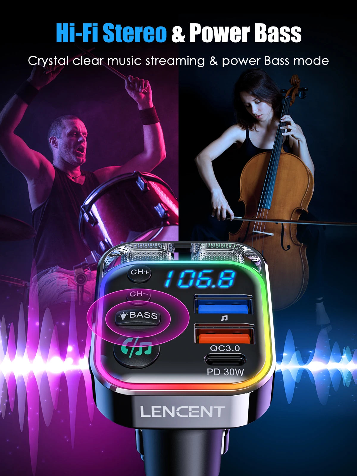 Transmetteur FM Bluetooth 5.3 LENCENT BC87 – Charge Rapide PD 30W & QC3.0, Hi-Fi Bass, Double Micro, Mains Libres