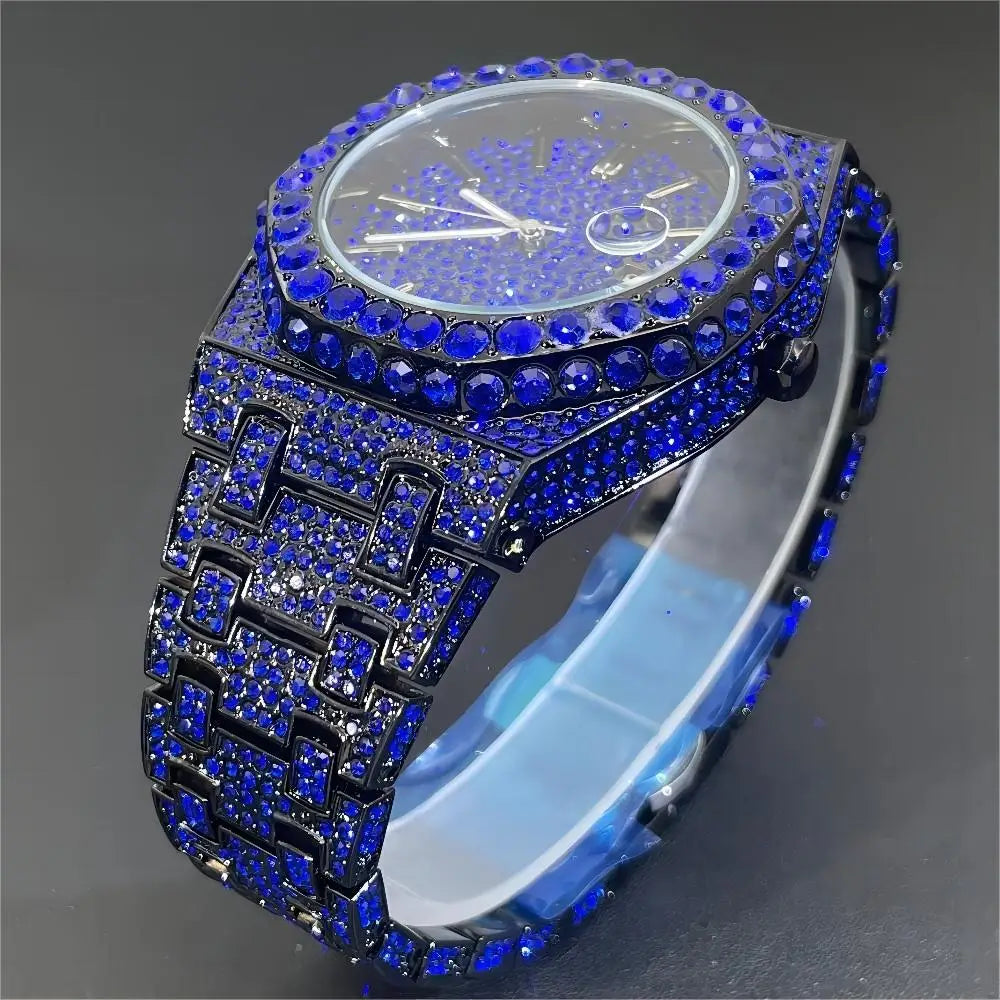 MISSFOX V359 – Montre Quartz Homme Hip Hop | Full Diamants, Plaqué Or 18K, Acier Inoxydable