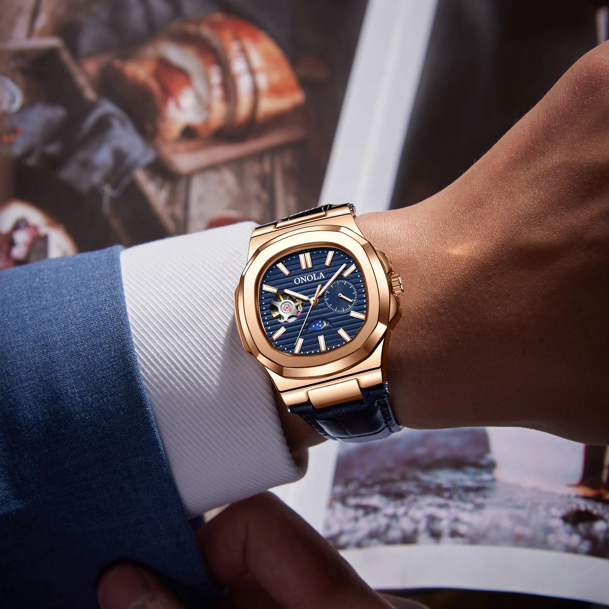 Montre ONOLA ON3855 – Mécanique Automatique Squelette, Aiguilles Lumineuses, Bracelet Cuir, Étanche 3 ATM – CLEVI Paris