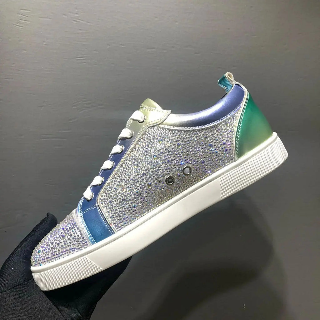 Sneakers Basses Cuir Véritable Bleu Gris Strass Argentés Rivets Semelle Rouge Homme – Tailles 35-48 – CLEVI Paris