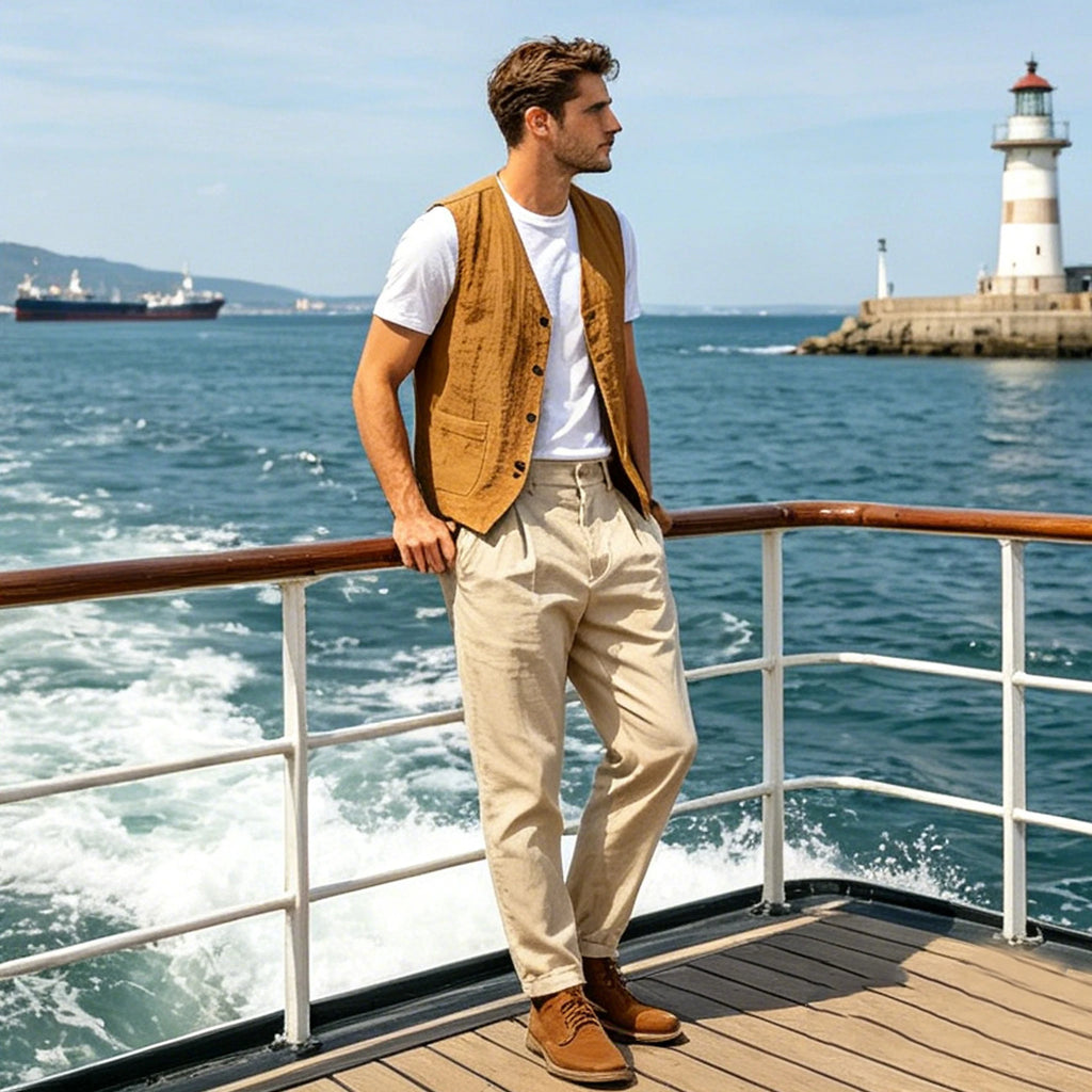 Gilet homme en lin col V – CLEVI Paris
