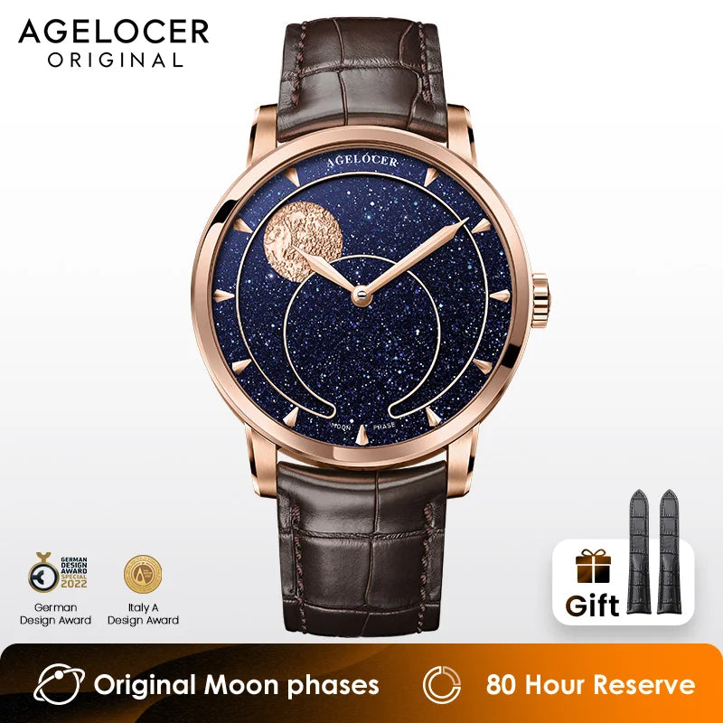 AGELOCER Montre Automatique Homme Phase de Lune Aventurine Saphir Réserve 80h – CLEVI Paris