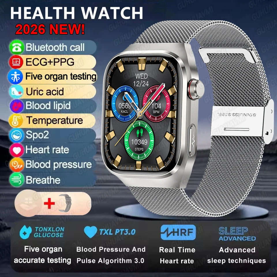 Montre Connectée Santé ECG Acide Urique IMC 5 Organes | AMOLED Verre Saphir IP68