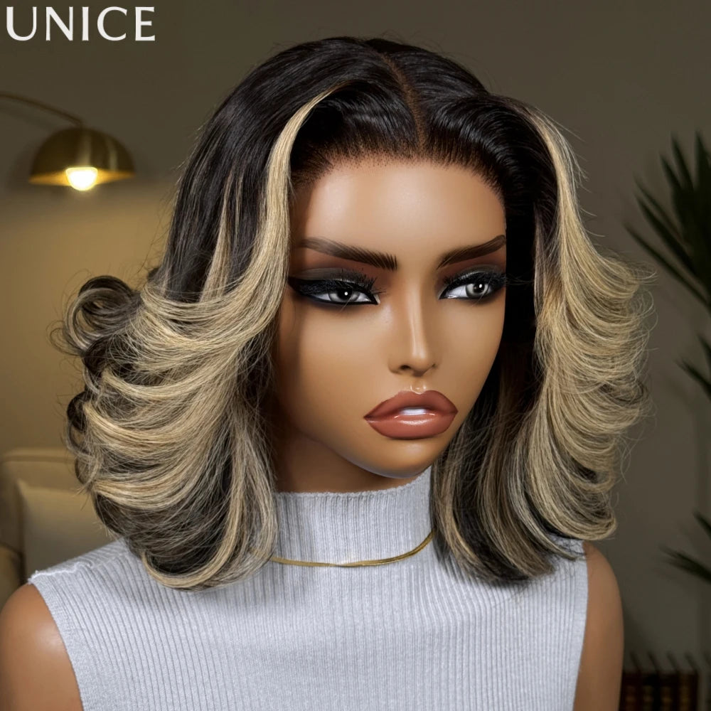 Perruque bob ondulée, mèches blond cendré – CLEVI Paris
