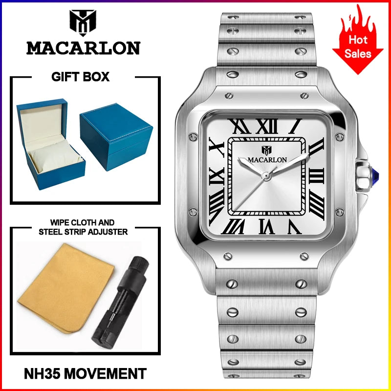 Montre Mécanique Homme MACARLON 1715 – 38mm, Saphir, NH35 Automatique & Étanche 100m