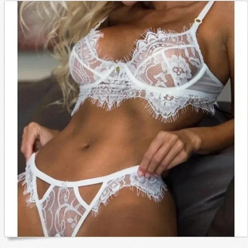 Ensemble Lingerie Dentelle Ultra-Fine Soutien-Gorge + String Transparent Sexy Femme Noir Blanc S-XXXL – CLEVI Paris