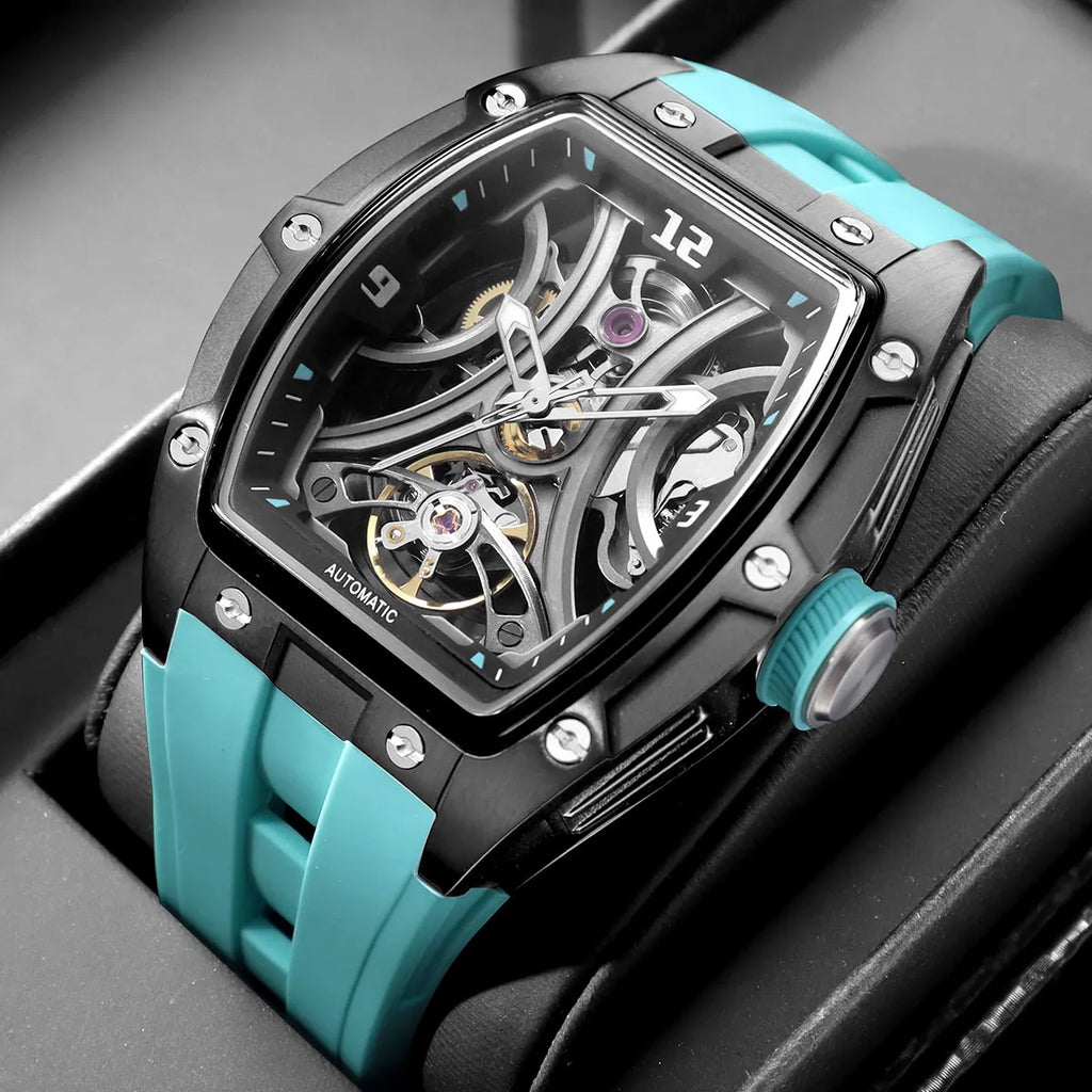 MEGIR Montre Automatique Homme Squelette Transparent Tonneau Acier Silicone Sport – CLEVI Paris