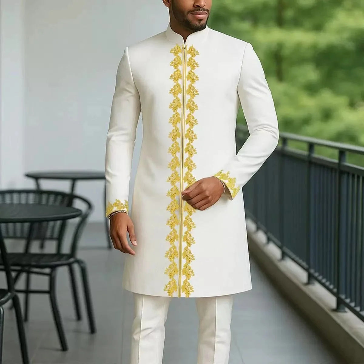 Kaftan Homme 2 Pièces Brodé Floral Col Mao Manches Longues + Pantalon Élastique Style Africain Mariage M-4XL – CLEVI Paris