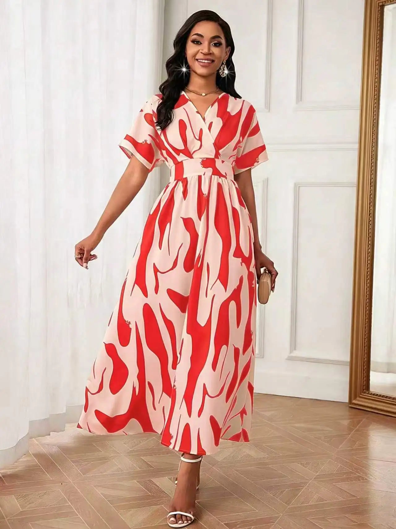 Robe Femme Col V Manches Courtes Imprimé Abstrait A-Line Taille Empire Casual Été – CLEVI Paris
