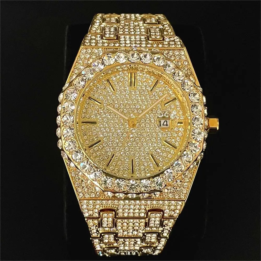 MISSFOX V359 – Montre Quartz Homme Hip Hop | Full Diamants, Plaqué Or 18K, Acier Inoxydable
