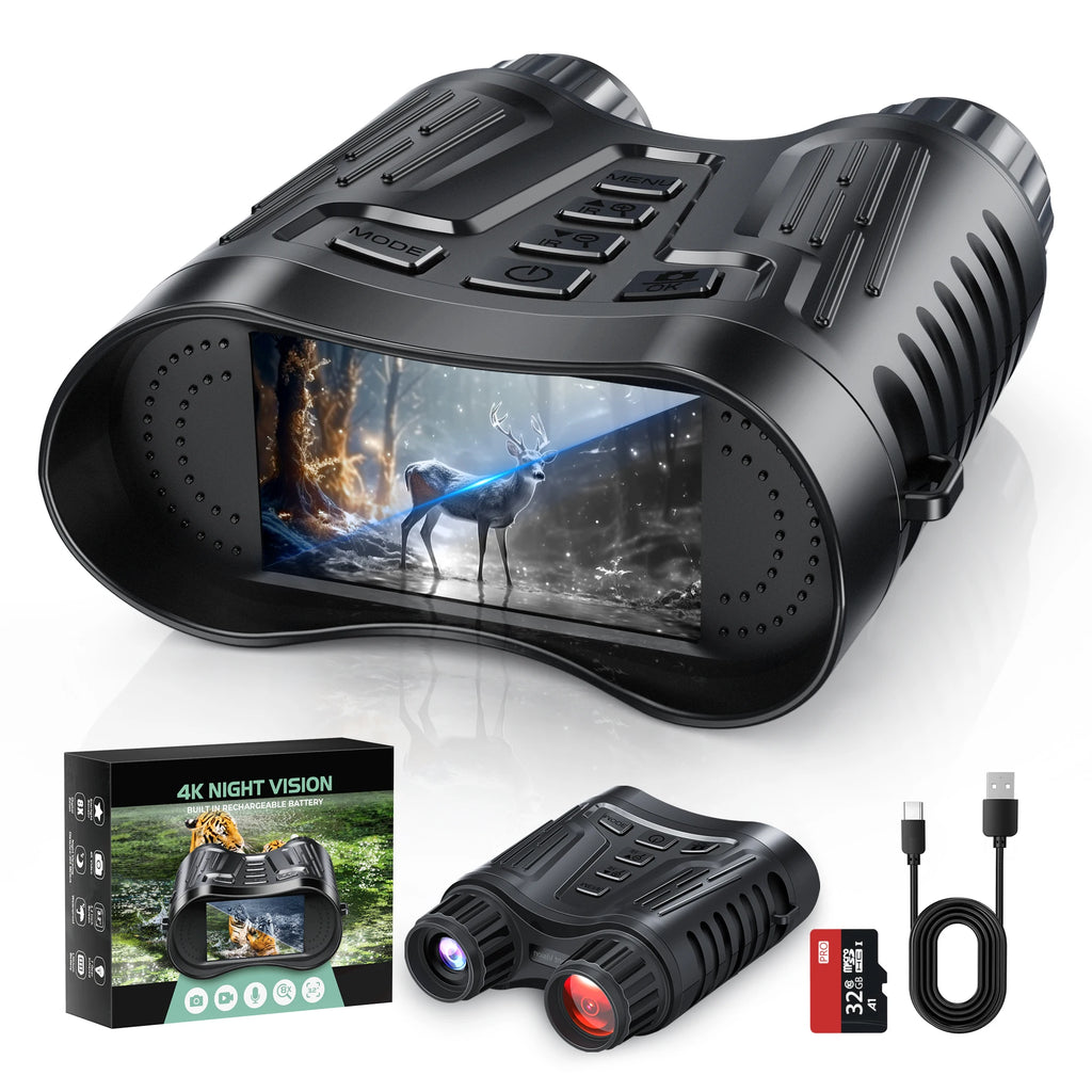 Jumelles Vision Nocturne 4K UHD Infrarouge – 8x Zoom | Écran LCD 3,2" | IP54 | 32Go | Chasse & Camping