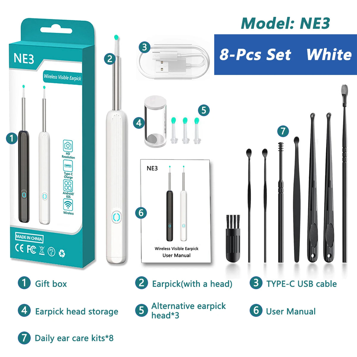 Kit Nettoyeur Oreilles Visuel HD 1080P Wi-Fi Otoscope IP67 USB-C – CLEVI Paris
