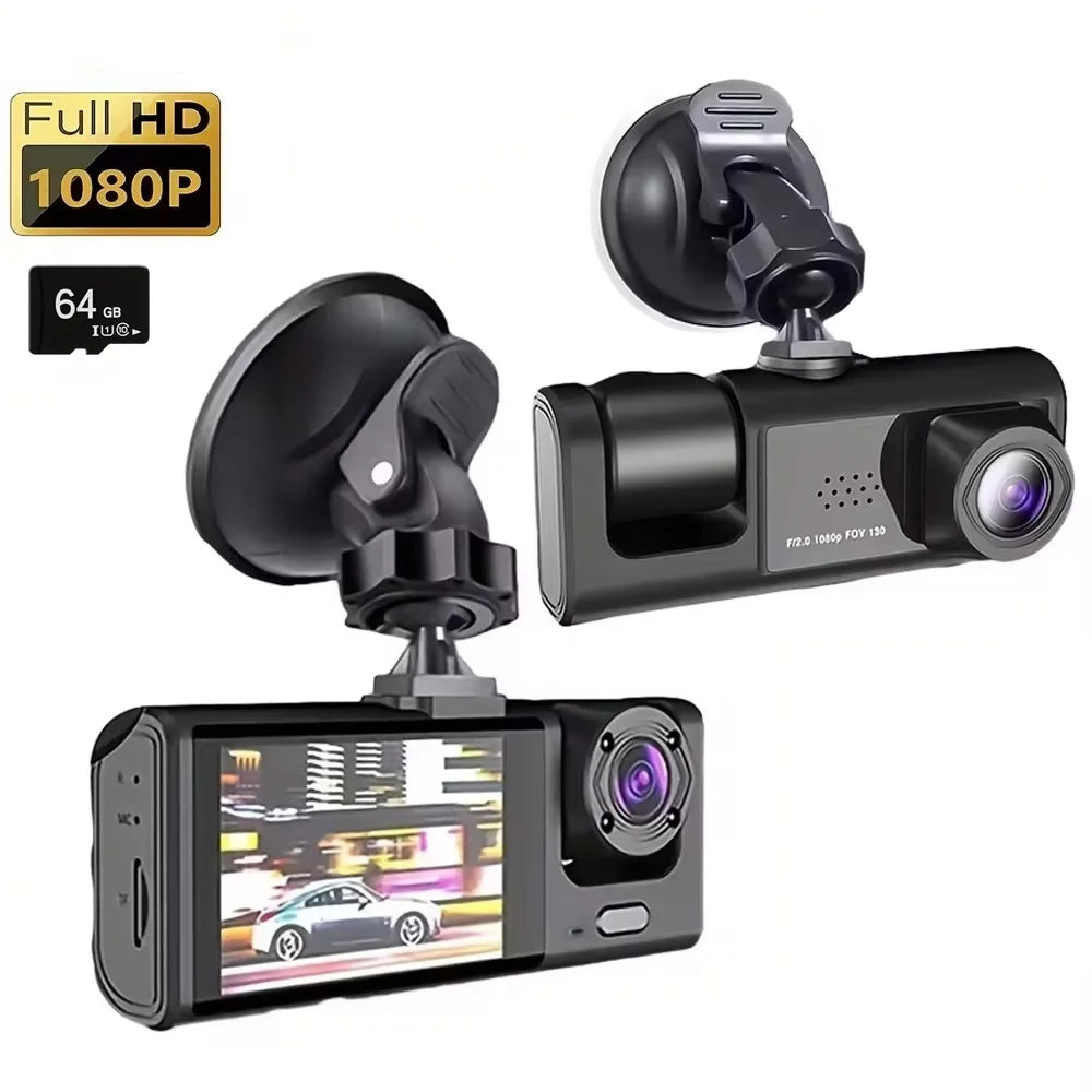 Dashcam 3 Objectifs 1080p – Écran IPS 2", Vision Nocturne IR, G-Sensor, Rétroviseur Intégré – CLEVI Paris