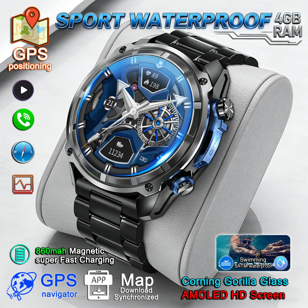 MAVHX DTG1 Montre Connectée GPS Militaire AMOLED Boussole Altimètre 1000mAh – CLEVI Paris