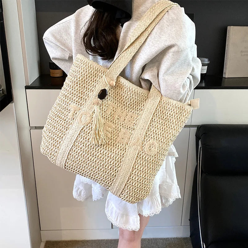 Sac Tote en Paille Tressée Style Français — Grande Capacité, Plage & Quotidien | CLEVI Paris