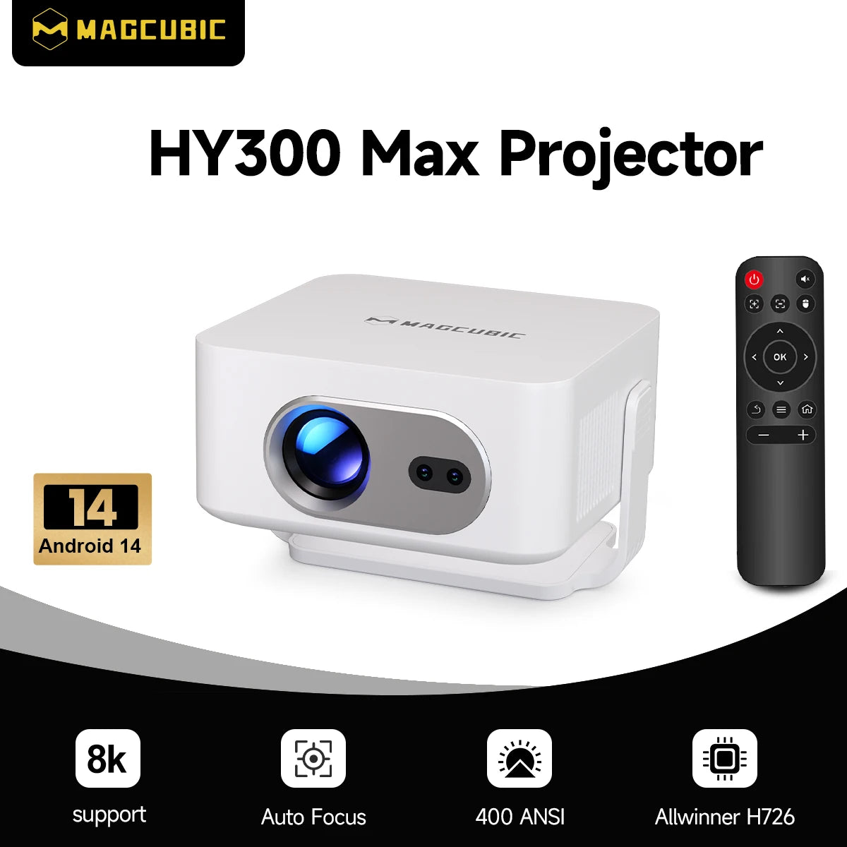 Magcubic HY300Max Projecteur Android 14 720P 4K 8K 400 ANSI Autofocus WiFi 6 BT 5.4 – CLEVI Paris