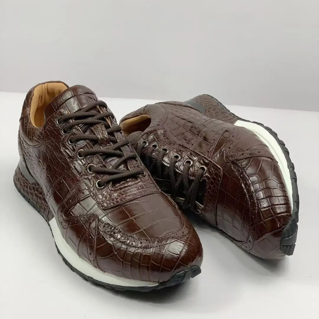 Sneakers Cuir Véritable Effet Croco Marron Homme – Bout Rond, Tailles 38-44 – CLEVI Paris