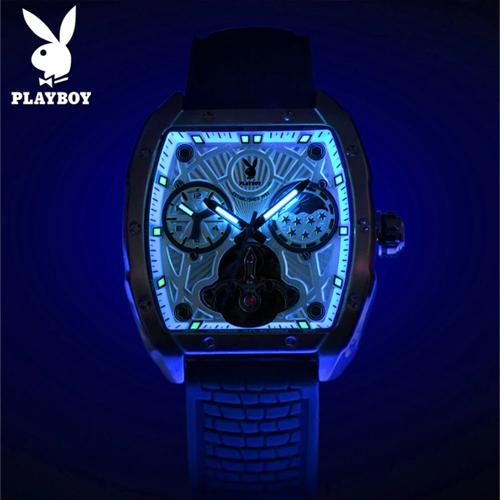 PLAYBOY Montre Automatique Homme Tonneau Flywheel Phase de Lune Lumineux – CLEVI Paris
