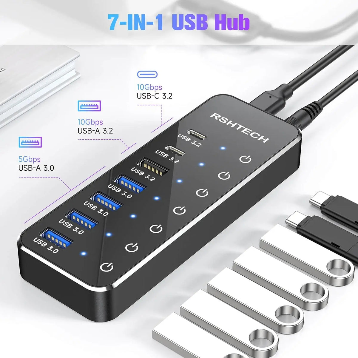 Hub USB-C 7 Ports 10Gbps RSHTECH Alimenté Interrupteurs Tactiles – CLEVI Paris
