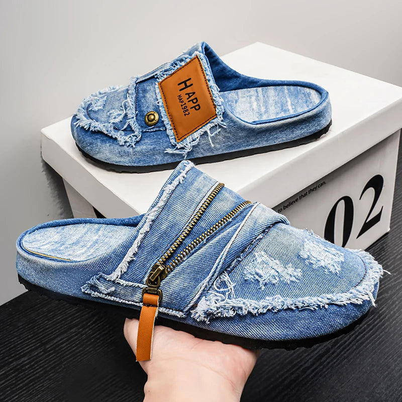 Mules Denim Homme Bleu Jean Effiloché Fermeture Éclair N-6 – CLEVI Paris