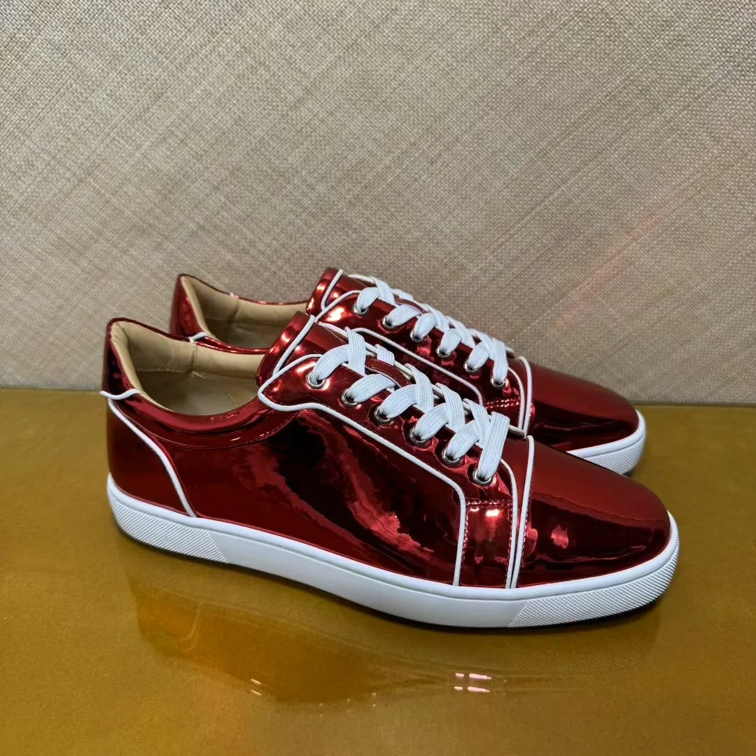Sneakers Basses Cuir Véritable Rouge Homme – Semelle Rouge, Sans Rivets, Imperméable, Tailles 35-48 – CLEVI Paris