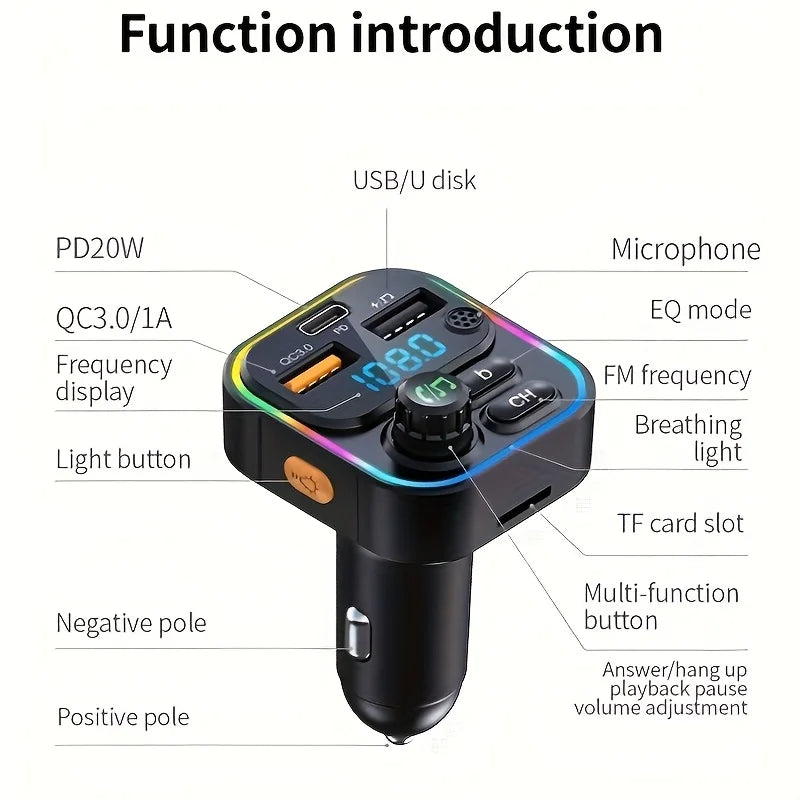 Émetteur FM Voiture Bluetooth 5.3 – Charge Rapide PD 20W QC3.0 AUX Lecteur MP3 Lumières Ambiance 12-24V – CLEVI Paris