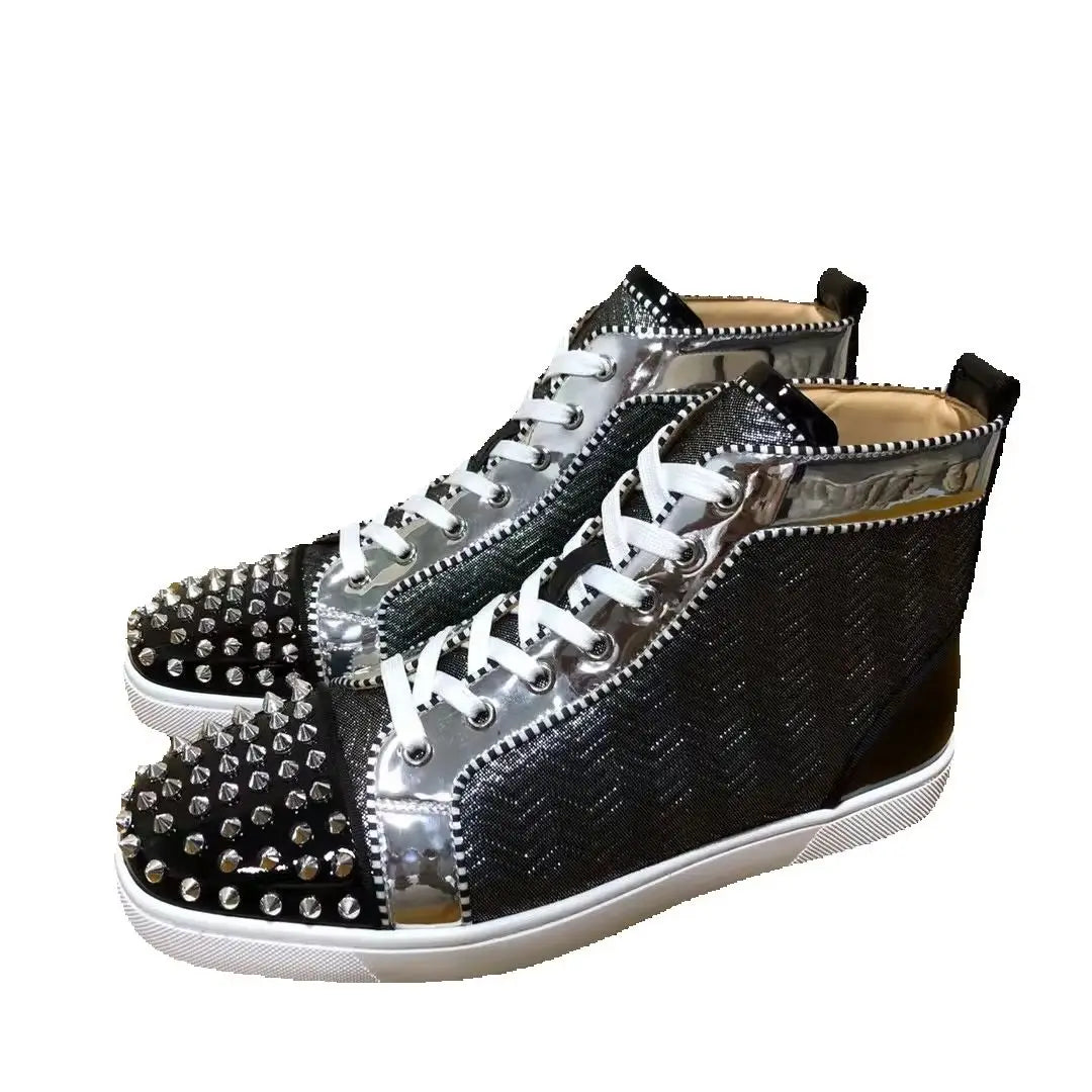 Sneakers Montantes Cuir Véritable Color Block Rivets Argentés Homme – Semelle Rouge, Lacets, Tailles 35-48 – CLEVI Paris