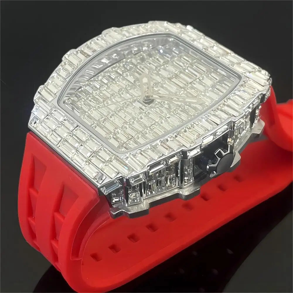 Montre Homme PLADEN Hip Hop – Cadran Carré Diamant, Bracelet Silicone, Style Luxe Urban