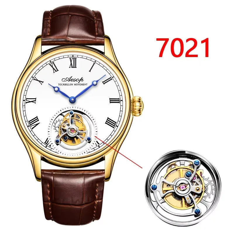 Montre AESOP Tourbillon Volant – Mécanique Squelette Double Face, Verre Saphir, Acier Inoxydable, Cuir, Étanche 5 ATM – CLEVI Paris