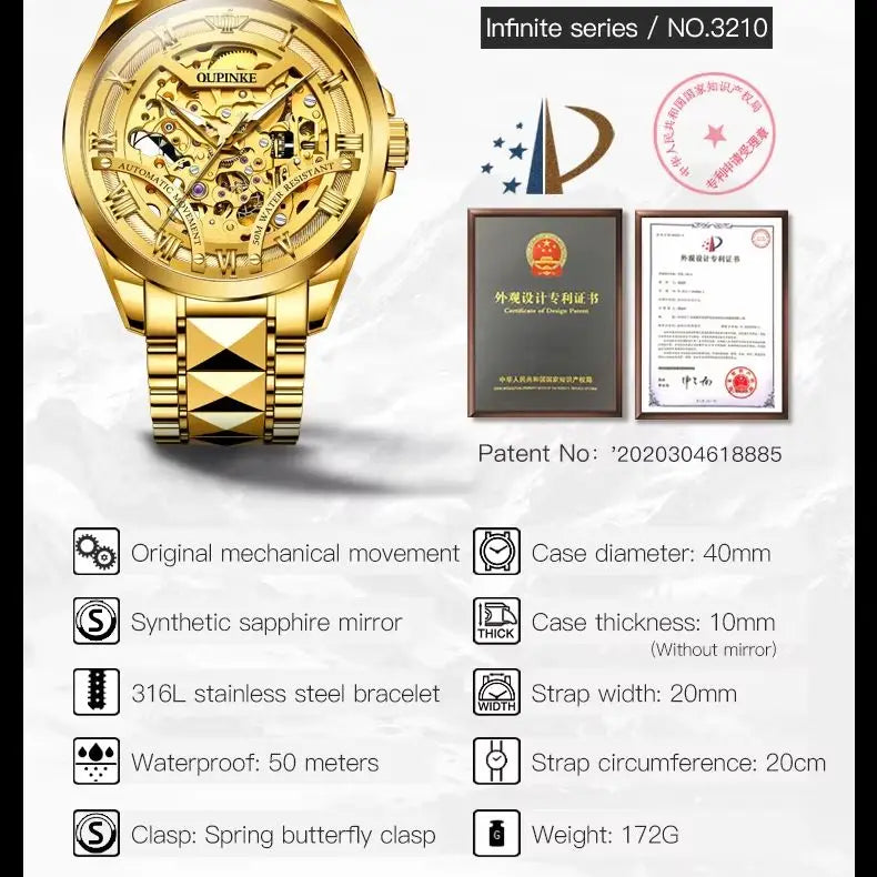 OUPINKE 3210 Montre Homme Automatique Squelette Saphir Chiffres Romains 5ATM – CLEVI Paris
